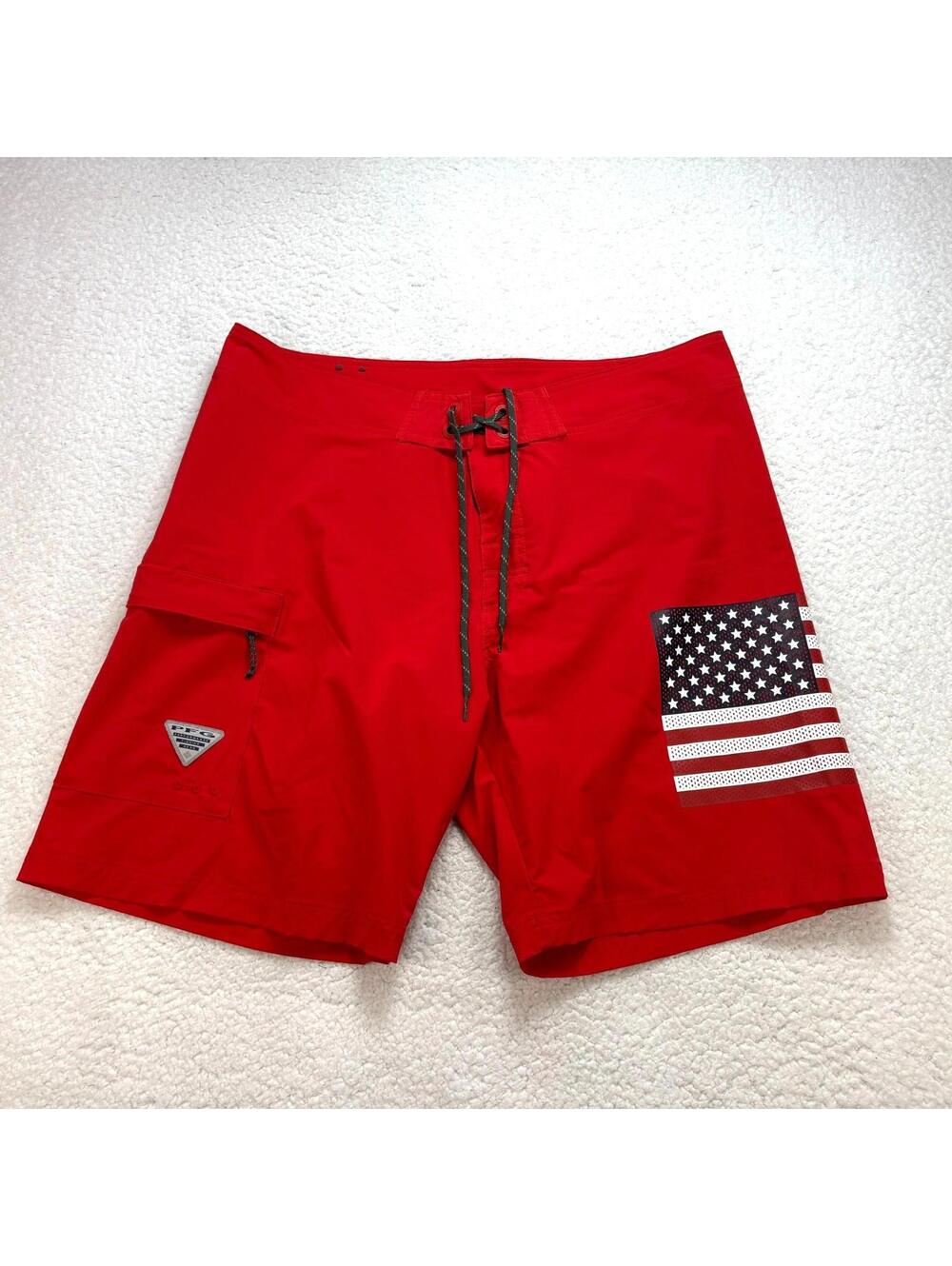 Columbia PFG USA Flag Themed Board Shorts Men's Size 38 Red Stretch Fit Loose
